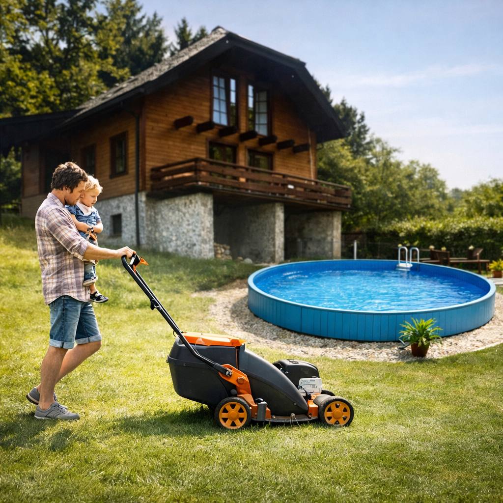 Equipamentos de jardim e lazer: corta‑relvas, robots, churrasqueiras, piscinas e iluminação